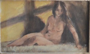 Juanvi, Juan Vicente Barrio, mujer tumbada en el campo, oleo cartulina, enmarcado, pintura 12x21 cms. y marco 35x46,50 cms (1)