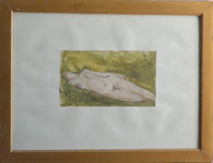 Juanvi, Juan Vicente Barrio, mujer tumbada en el campo, oleo cartulina, enmarcado, pintura 12x21 cms. y marco 35x46,50 cms (3)