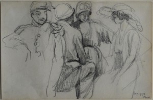 Opisso Ricard 1904, Mujeres hablando, dibujo carboncillo papel, enmarcado, dibujo 15,50x18 cms. y marco 36x46 cms.  600 (9)