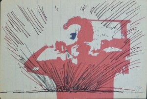 Pagola Javier, Autorretrato en rojo, tinta sobre impresión litográfica, enmarcado, dibujo 10,50x15,50 cms. y marco 16x21 cms. (1)