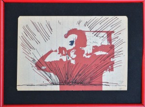 Pagola Javier, Autorretrato en rojo, tinta sobre impresión litográfica, enmarcado, dibujo 10,50x15,50 cms. y marco 16x21 cms. (3)