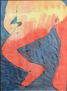 Pagola Javier, piernas coloradas, técnica mixta papel, enmarcado, 40x29 cms. y marco 46x36 cms.  (1)