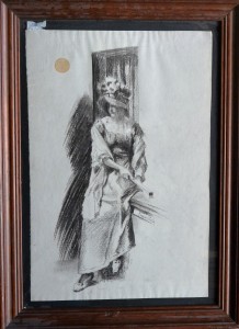 Sala Emilio, Dama sentada con abanico, dibujo carboncillo papel enmarcado, dibujo 45x30,50 cms. y marco 56x42 cms (5) 600