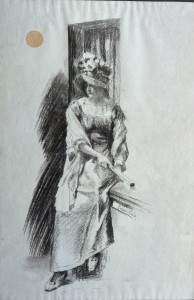Sala Emilio, Dama sentada con abanico, dibujo carboncillo papel enmarcado, dibujo 45x30,50 cms. y marco 56x42 cms (7) 600