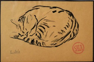 Sala Emilio, Gato tumbado, dibujo tinta papel, enmarcado, dibujo 13,50x20 cms. y marco 34x44 cms.  (5)