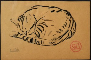 Sala Emilio, Gato tumbado, dibujo tinta papel, enmarcado, dibujo 13,50x20 cms. y marco 34x44 cms.  (5)