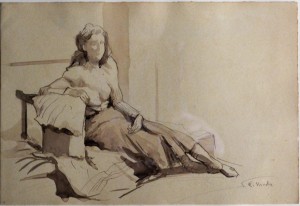 Varela Eulogio, Mujer sentada, dibujo titan y aguada papel, enmarcado, dibujo 19x27 cms. y marco 36,50x46,59 cms. 560 (4)