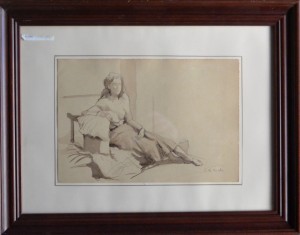Varela Eulogio, Mujer sentada, dibujo titan y aguada papel, enmarcado, dibujo 19x27 cms. y marco 36,50x46,59 cms. 560 (6)