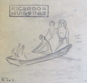 Villodas Ricardo de, Boceto de paseo en barca, dibujo lápiz papel, enmarcado, dibujo 6,50x6,50 cms. y marco 16x15,50 cms  (3)