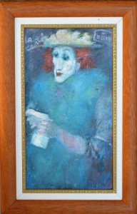 Zohre Mirabassi, Mujer pelirroja en azules, dibujo oleo en barra cartón, enmarcado, dibujo 36x20 cms. y marco 48x30,50 cms.  (11)