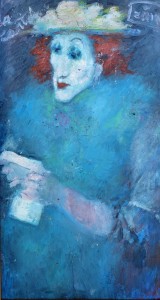 Zohre Mirabassi, Mujer pelirroja en azules, dibujo oleo en barra cartón, enmarcado, dibujo 36x20 cms. y marco 48x30,50 cms.  (9)
