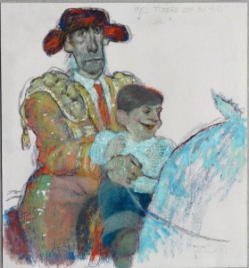 Zohre Mirabassi, Torero con su hijo, dibujo oleo en barra cartulina, enmarcado, dibujo 25x23 cms. y marco 49x36,50 cms.  (5)