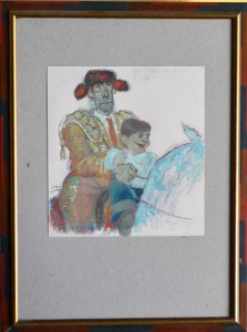 Zohre Mirabassi, Torero con su hijo, dibujo oleo en barra cartulina, enmarcado, dibujo 25x23 cms. y marco 49x36,50 cms.  (6)