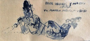 mompo manuel hernandez 1960 Flautista, felicitación navideña, tinta china cartulina, enmarcado, dibujo 24x11 cms. y marco 35x51 cms.  (13)