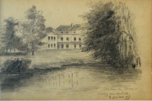 Anónimo francés 1895, Chateau, dibujo lápiz papel, enmarcado, dibujo 12x18 cms. y marco 18x23,50 cms (1)