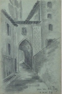 Anónimo francés 1896, Une rue du Puy, dibujo lápiz papel, enmarcado, dibujo 18x12 cms. y marco 26x20 cms (1)