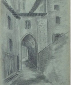 Anónimo francés 1896 - "Une rue au Puy" dibujo lápiz papel, enmarcado