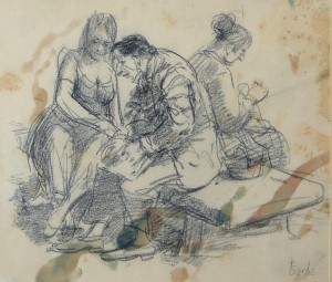 Barba Juan, Conversación en el parque, dibujo  lápiz papel, enmarcado, dibujo 18x21 cms y marco 32,50x35,50 cms.  (3)