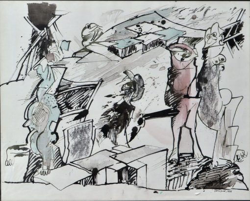 Bonifacio 1986 - "Los vigilantes" acrílico y tinta cartulina, enmarcado