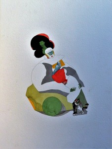 Castillo Jorge 2013 Helsinborg, Geisha con pájaro y gato, lápiz y acuarela papel artesanal, 77x58 cms. (1)
