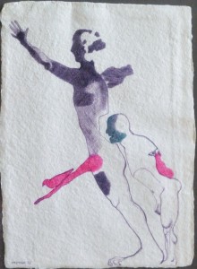 Castillo Jorge, Dos personajes y un pájaro, tinta papel artesanal, enmarcado, papel 35x26 y marco 62,50x52,50 cms. 900 (5)
