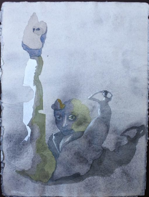 Jorge Castillo 2007 Ibiza - "La muchacha escultora" Dibujo lápiz acuarela y acrílico papel artesanal, enmarcado con marco antiguo
