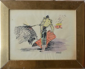 Hervás, Pase taurino, dibujo tinta y acuarela papel, enmarcado, dibujo 19,50x26 cms. y marco 26x32,50 cms.  (1)