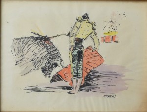 Hervás, Pase taurino, dibujo tinta y acuarela papel, enmarcado, dibujo 19,50x26 cms. y marco 26x32,50 cms.  (3)