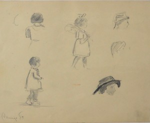 Ilegible francés, Estudios de niñas, dibujo lápiz papel, enmarcado, dibujo 13,50x16,60 cms. y marco 25x30 cms.  (2)