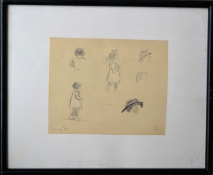 Ilegible francés, Estudios de niñas, dibujo lápiz papel, enmarcado, dibujo 13,50x16,60 cms. y marco 25x30 cms. (3)