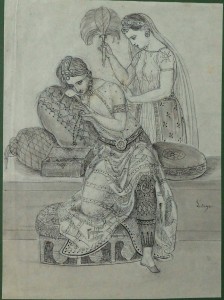 Ilegible francés, Mujer hindú, dibujo lápiz papel, enmarcado, dibujo 20x15 cms. y marco 25,50x30 cms.  (2)