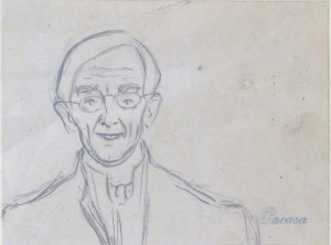 Lacasa y Perla Enrique, Hombre  de frente con gafas, dibujo lápiz papel, enmarcado, papel 8x10,50 cms. y marco 16x21 cms.   (1)
