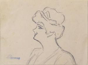 Lacasa y Perla Enrique, Mujer sonriente de perfil, dibujo lápiz papel, enmarcado, papel 8x10,50 cms. y marco 16x21 cms.   (1)