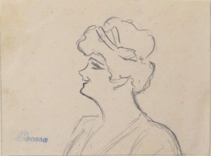 Lacasa y Perla Enrique, Mujer sonriente de perfil, dibujo lápiz papel, enmarcado, papel 8x10,50 cms. y marco 16x21 cms. (1)