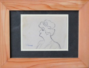 Lacasa y Perla Enrique, Mujer sonriente de perfil, dibujo lápiz papel, enmarcado, papel 8x10,50 cms. y marco 16x21 cms.   (3)