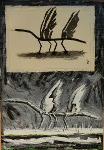 Nagel Andrés 1991, Aves esculturales, aguafuerte y collage, edición 75 ejemplares, numerado y firmado a lápiz, 98x69 cms.  (59)