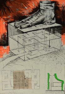 Nagel Andrés 1991, Pie monumental, aguafuerte y collage, edición 75 ejemplares, numerado y firmado a lápiz, 98x69 cms.   (3)