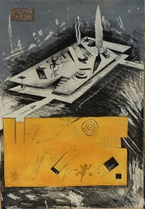 Nagel Andrés 1991, escenario ocre, aguafuerte y collage, edición 75 ejemplares, numerado y firmado a lápiz, 98x69 cms.  (48)