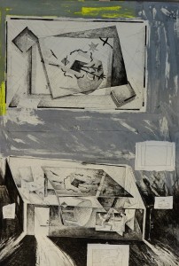 Nagel Andrés 1991, la mesa, aguafuerte y collage, edición 75 ejemplares, numerado y firmado a lápiz, 98x69 cms.  (55)