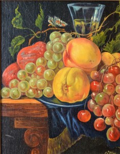 Ortego Manuel, Bodegón con frutas, pintura oleo tabla, enmarcado, pintura 21,50x17 cms. y marco 27x22,50 cms (1)