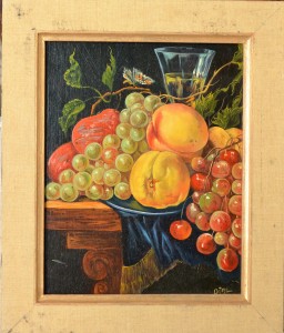 Ortego Manuel, Bodegón con frutas, pintura oleo tabla, enmarcado, pintura 21,50x17 cms. y marco 27x22,50 cms (3)