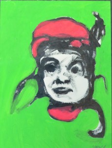 Pagola Javier, Gorro rojo y fondo verde, pintura acrílico papel, enmarcado, dibujo 30x22,50 cms. y marco 38x30 cms.  (13)