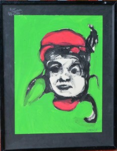 Pagola Javier, Gorro rojo y fondo verde, pintura acrílico papel, enmarcado, dibujo 30x22,50 cms. y marco 38x30 cms.  (15)