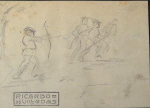 Villodas Ricardo de, Cazadores, dibujo lápiz papel, enmarcado, dibujo 7x9,50 cms. y marco 12,50x17,50 cms (1)