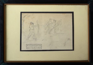 Villodas Ricardo de, Cazadores, dibujo lápiz papel, enmarcado, dibujo 7x9,50 cms. y marco 12,50x17,50 cms (3)