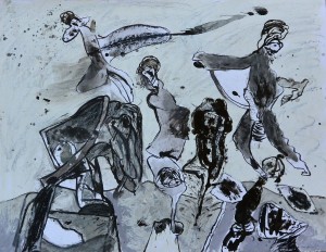 bonifacio 1986, figuras blanco y negro, acrílico cartulina, pintura 50x65 cms. y marco 70x85 cms (3)