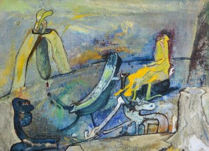 bonifacio 1992, Figura amarilla en paisaje, pintura oleo lienzo 24x33 cms (3)