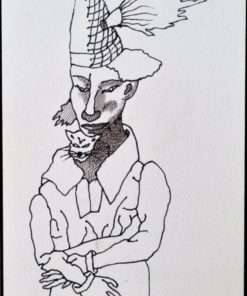 Jorge Castillo 2010 - "Arlequín del circo con su gato" dibujo tinta china cartulina, enmarcado