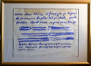 Calvo Carmen 1985, Composición con azules, técnica mixta y collage papel, enmarcado, obra 56x76 cms. y marco 78x106 cms (1)