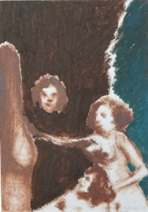 Pagola Javier 2015, Reunión de mujeres, pintura oleo cartulina, enmarcado, pintura 29,50x21 cms. y marco 47x35 cms.  (3)